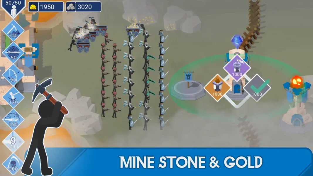 Mining stone and gold resources in War of Sticks gameplay